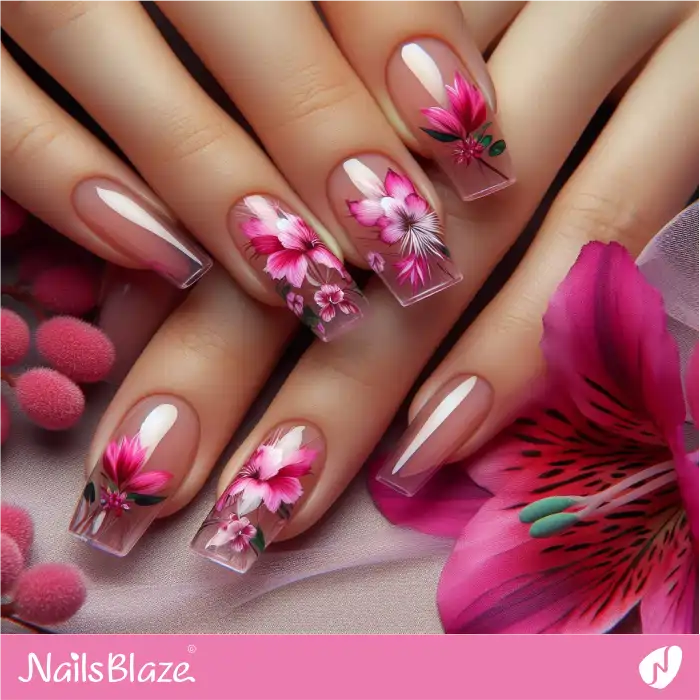 Fuchsia Flowers on Clear Nails | Hawaii Nails - NB4054